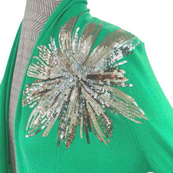 Bright Green Holiday Cardigan Open Front Gold Sequin Flower Sunbursts INC size M - Picture 4 of 9
